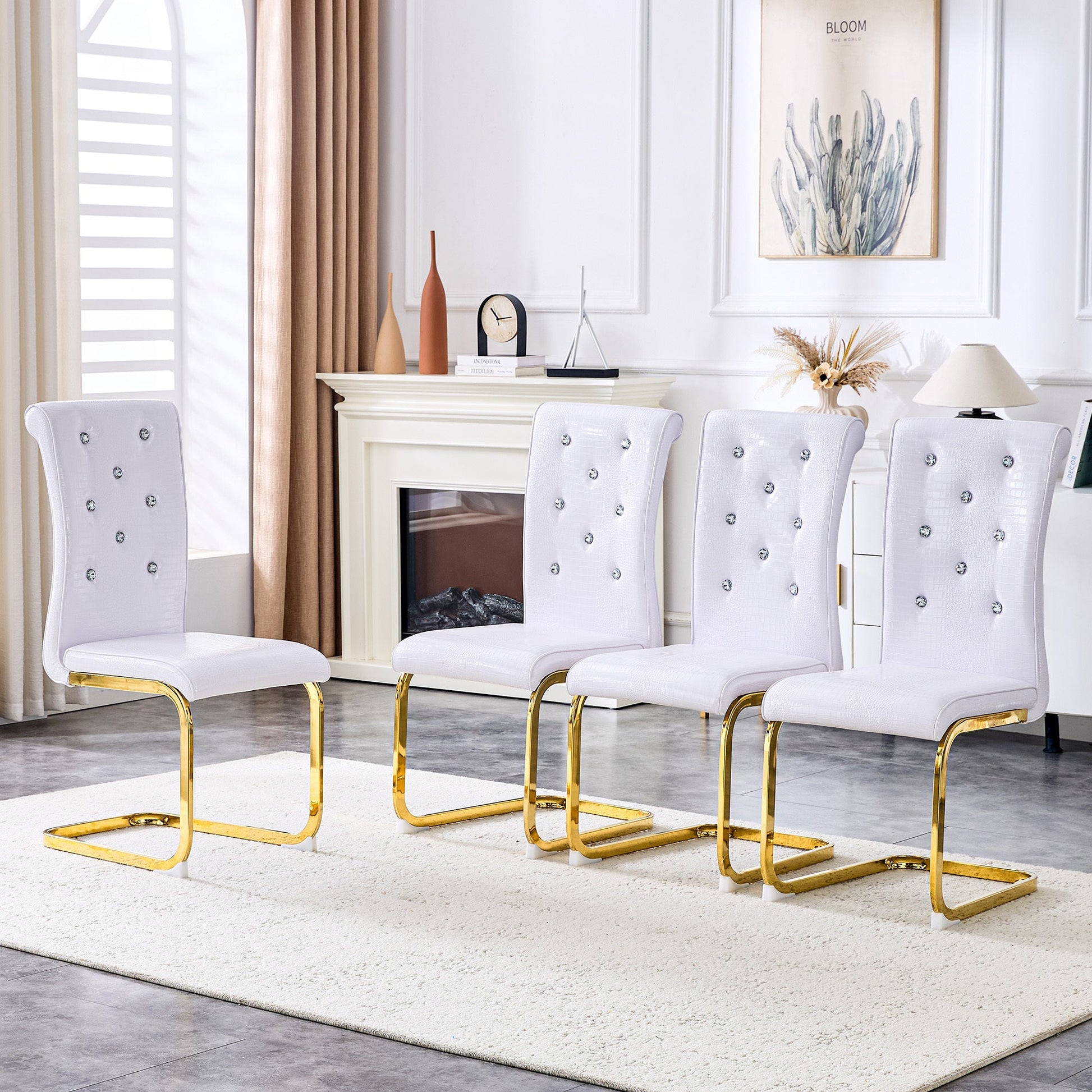 Retro Alligator Skin Upholstered Dining Chairs Set of 2 with Crystal Buckle Design, White Faux Leather, Gilded Metal Legs - 1st Choice Furniture Direct