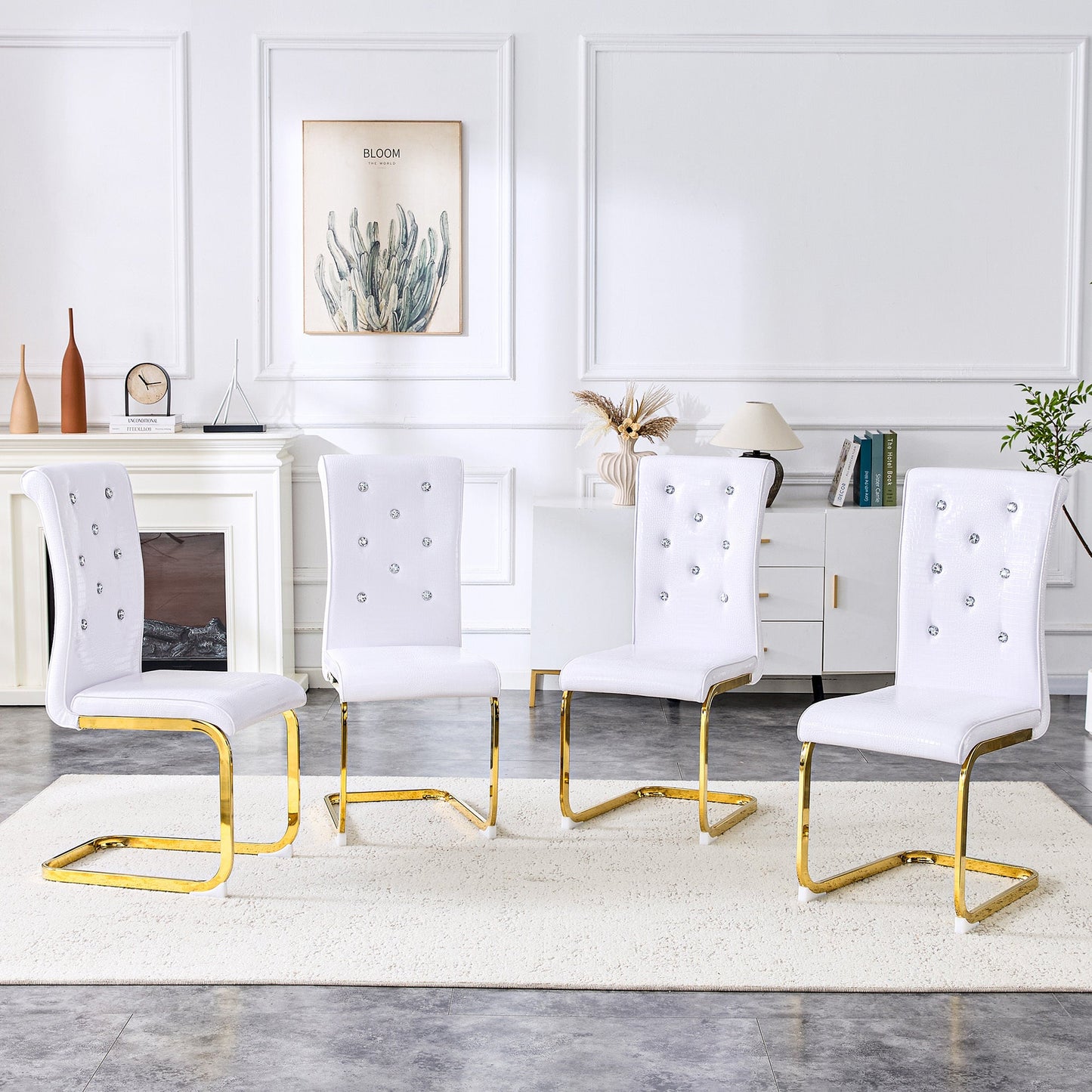 Retro Alligator Skin Upholstered Dining Chairs Set of 2 with Crystal Buckle Design, White Faux Leather, Gilded Metal Legs - 1st Choice Furniture Direct