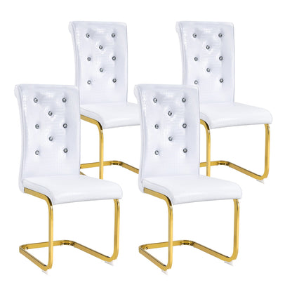 Retro Alligator Skin Upholstered Dining Chairs Set of 2 with Crystal Buckle Design, White Faux Leather, Gilded Metal Legs - 1st Choice Furniture Direct