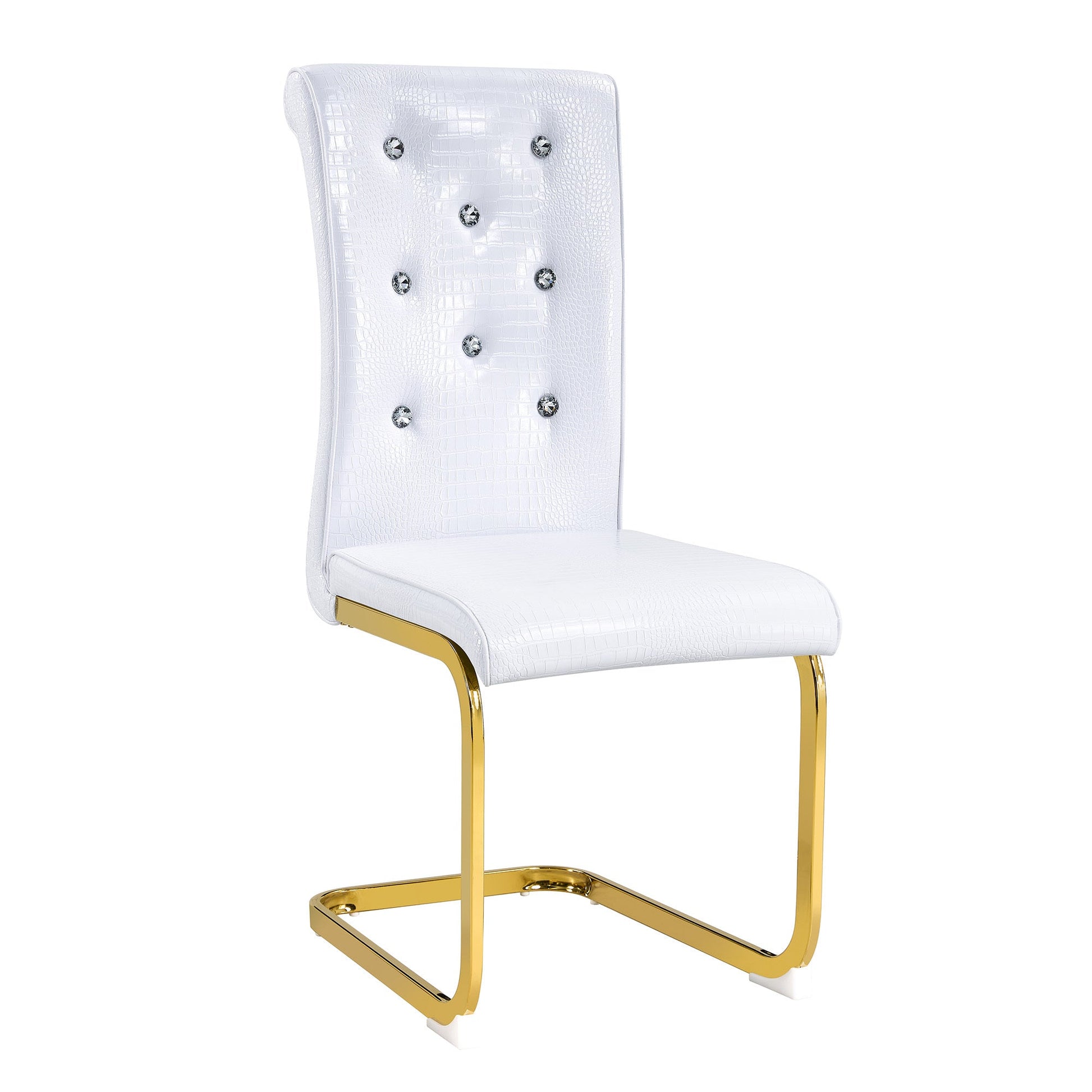 Retro Alligator Skin Upholstered Dining Chairs Set of 2 with Crystal Buckle Design, White Faux Leather, Gilded Metal Legs - 1st Choice Furniture Direct