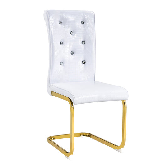 Retro Alligator Skin Upholstered Dining Chairs Set of 2 with Crystal Buckle Design, White Faux Leather, Gilded Metal Legs - 1st Choice Furniture Direct