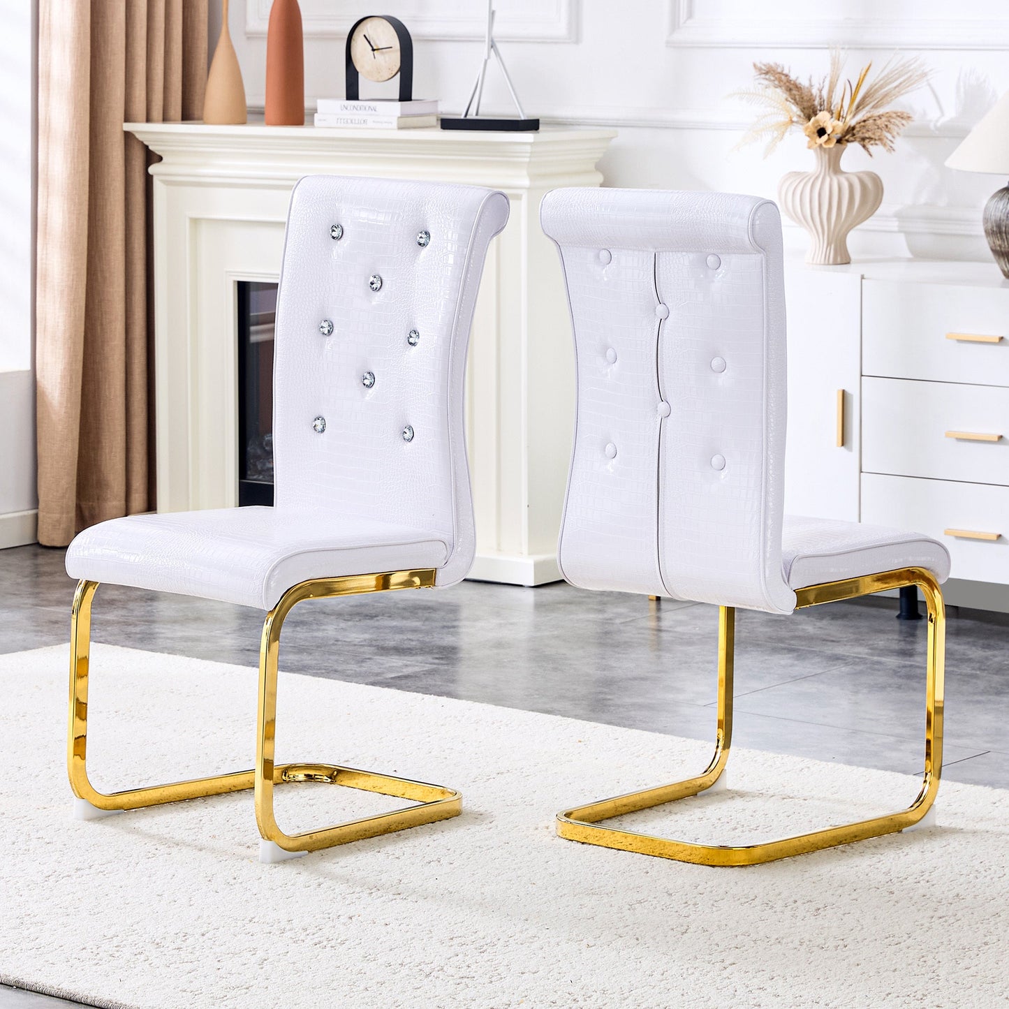 Retro Alligator Skin Upholstered Dining Chairs Set of 2 with Crystal Buckle Design, White Faux Leather, Gilded Metal Legs - 1st Choice Furniture Direct