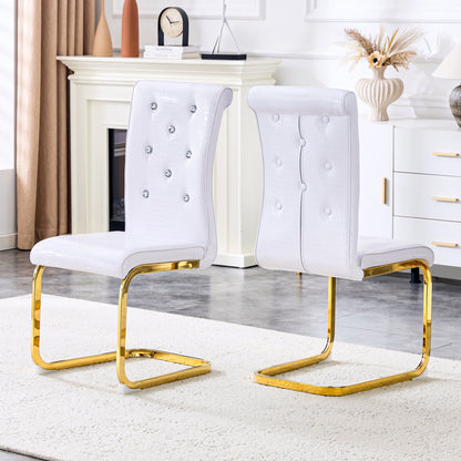 Retro Alligator Skin Upholstered Dining Chairs Set of 2 with Crystal Buckle Design, White Faux Leather, Gilded Metal Legs - 1st Choice Furniture Direct