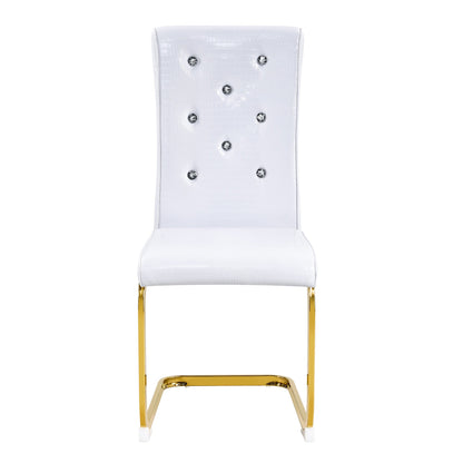 Retro Alligator Skin Upholstered Dining Chairs Set of 2 with Crystal Buckle Design, White Faux Leather, Gilded Metal Legs - 1st Choice Furniture Direct
