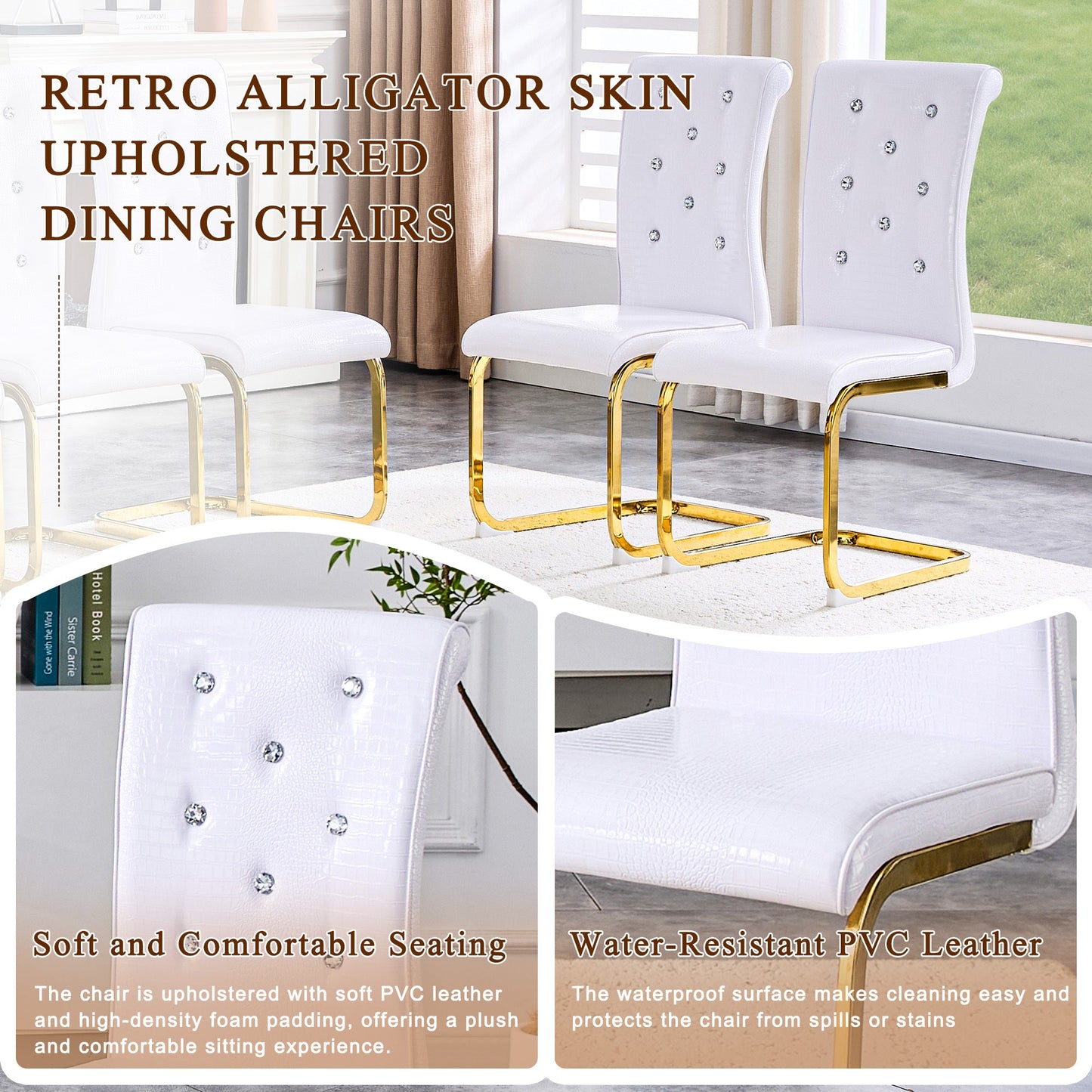 Retro Alligator Skin Upholstered Dining Chairs Set of 2 with Crystal Buckle Design, White Faux Leather, Gilded Metal Legs - 1st Choice Furniture Direct