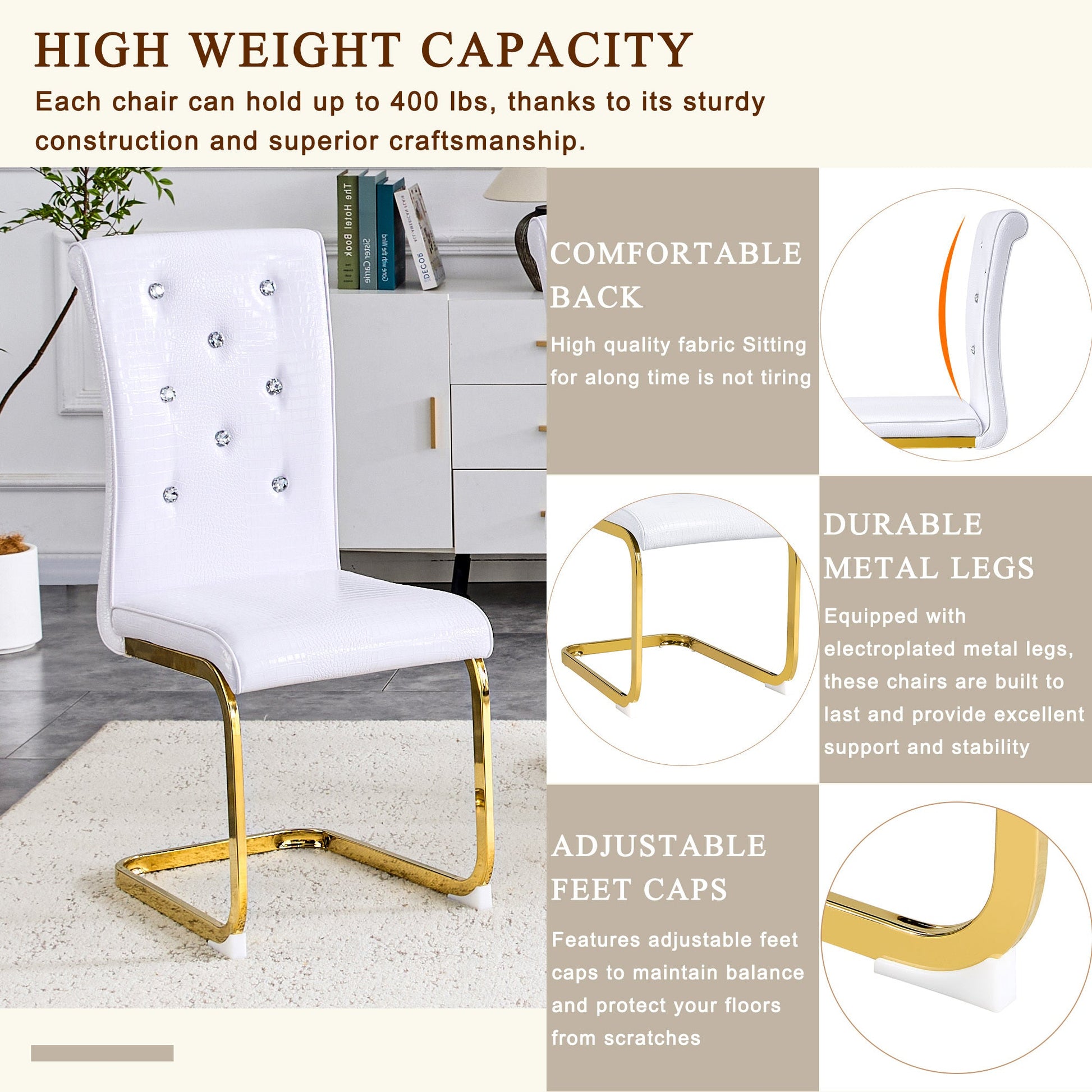 Retro Alligator Skin Upholstered Dining Chairs Set of 2 with Crystal Buckle Design, White Faux Leather, Gilded Metal Legs - 1st Choice Furniture Direct