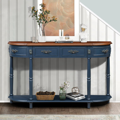 Retro Curved Wood Console Table, 52 inch Circular Half Moon Sofa Table with Open Shelf and 2 Drawers, Solid Wood Entry Table for Living Room, Hallway, Navy Blue + Brown Top - 1st Choice Furniture Direct
