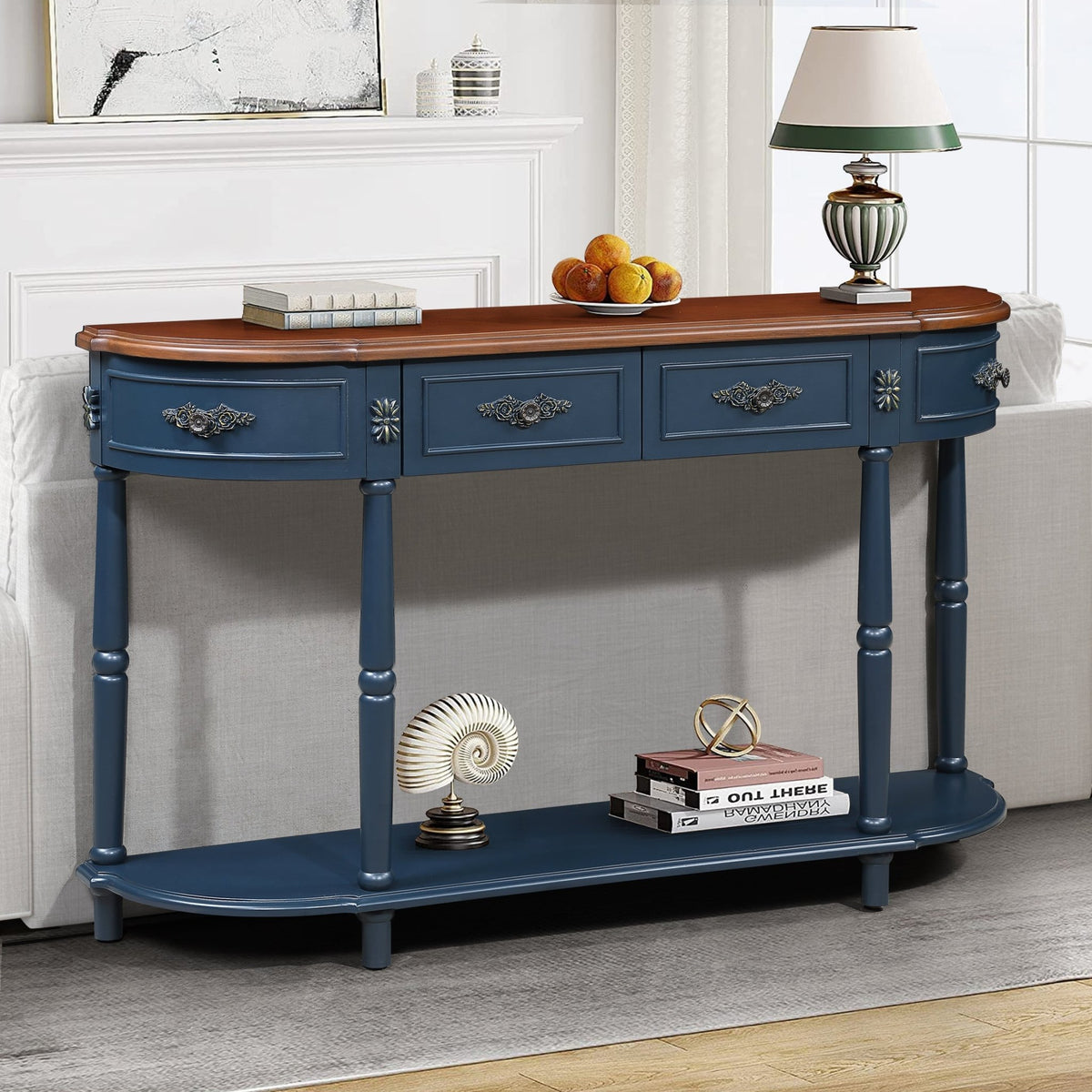 Retro Curved Wood Console Table, 52 inch Circular Half Moon Sofa Table with Open Shelf and 2 Drawers, Solid Wood Entry Table for Living Room, Hallway, Navy Blue + Brown Top - 1st Choice Furniture Direct
