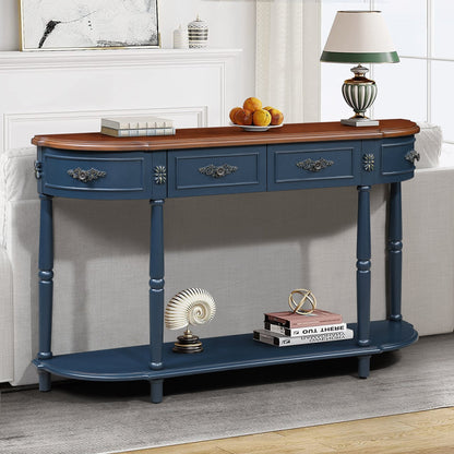 Retro Curved Wood Console Table, 52 inch Circular Half Moon Sofa Table with Open Shelf and 2 Drawers, Solid Wood Entry Table for Living Room, Hallway, Navy Blue + Brown Top - 1st Choice Furniture Direct