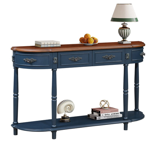 Retro Curved Wood Console Table, 52 inch Circular Half Moon Sofa Table with Open Shelf and 2 Drawers, Solid Wood Entry Table for Living Room, Hallway, Navy Blue + Brown Top - 1st Choice Furniture Direct