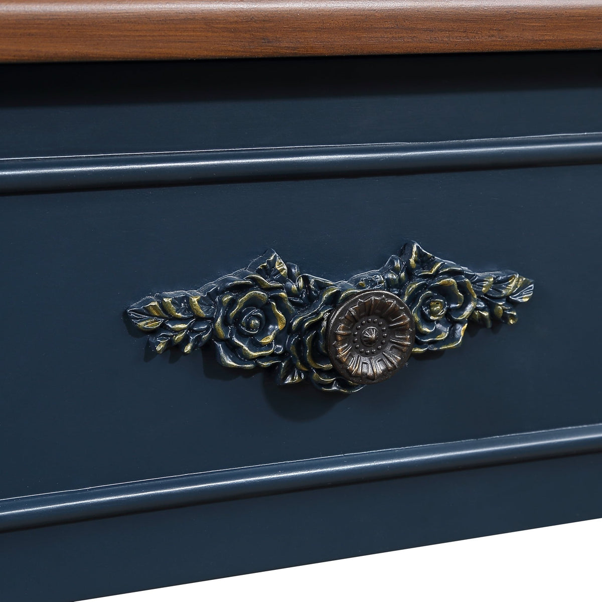 Retro Curved Wood Console Table, 52 inch Circular Half Moon Sofa Table with Open Shelf and 2 Drawers, Solid Wood Entry Table for Living Room, Hallway, Navy Blue + Brown Top - 1st Choice Furniture Direct
