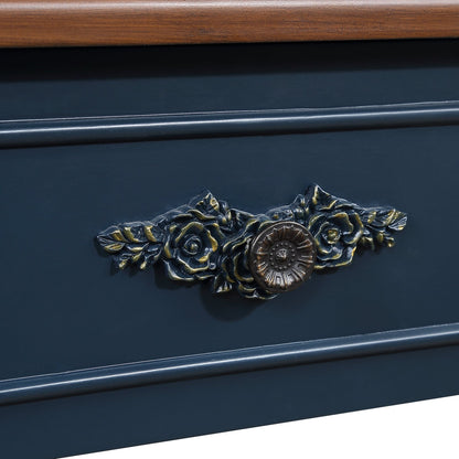 Retro Curved Wood Console Table, 52 inch Circular Half Moon Sofa Table with Open Shelf and 2 Drawers, Solid Wood Entry Table for Living Room, Hallway, Navy Blue + Brown Top - 1st Choice Furniture Direct