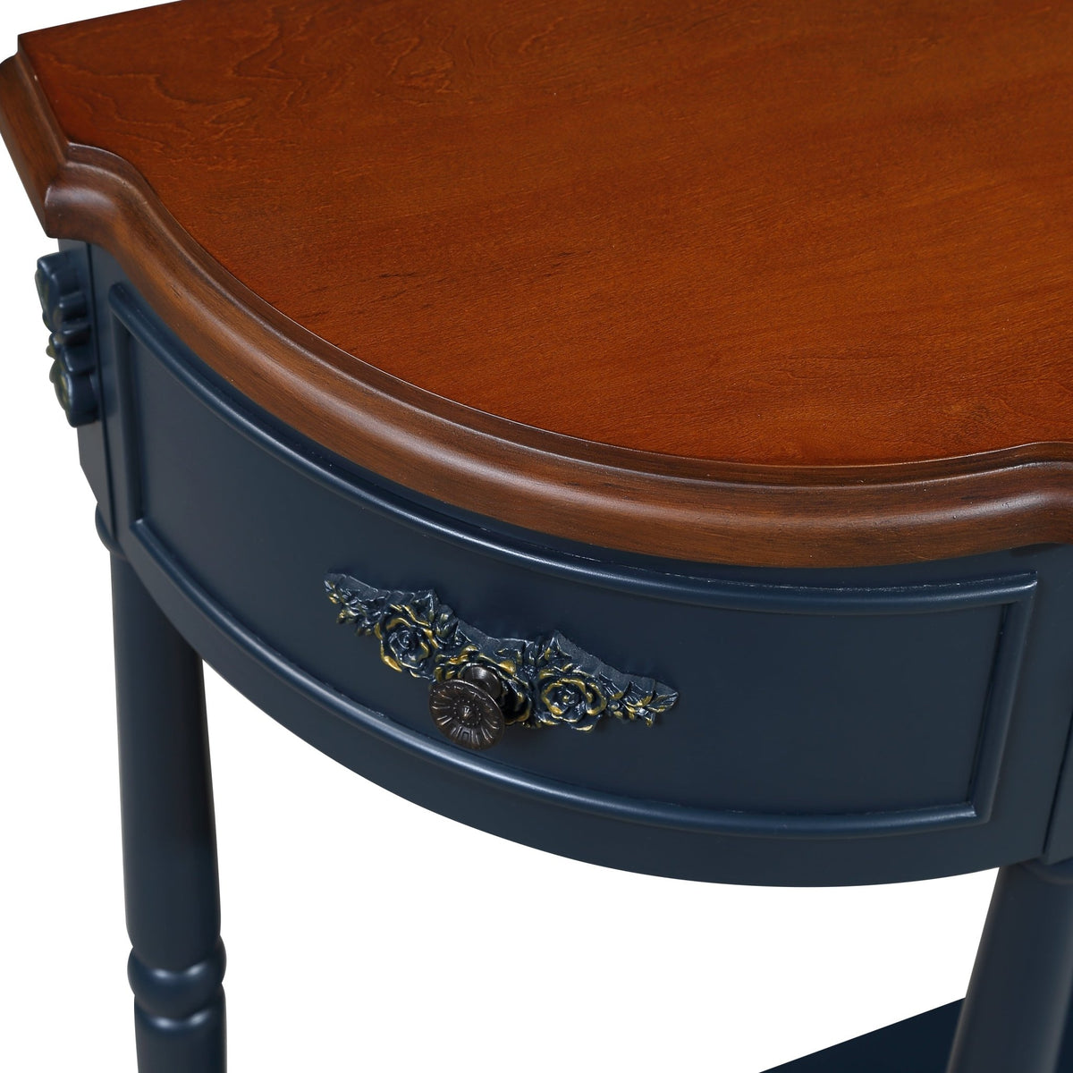 Retro Curved Wood Console Table, 52 inch Circular Half Moon Sofa Table with Open Shelf and 2 Drawers, Solid Wood Entry Table for Living Room, Hallway, Navy Blue + Brown Top - 1st Choice Furniture Direct
