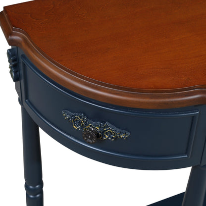Retro Curved Wood Console Table, 52 inch Circular Half Moon Sofa Table with Open Shelf and 2 Drawers, Solid Wood Entry Table for Living Room, Hallway, Navy Blue + Brown Top - 1st Choice Furniture Direct