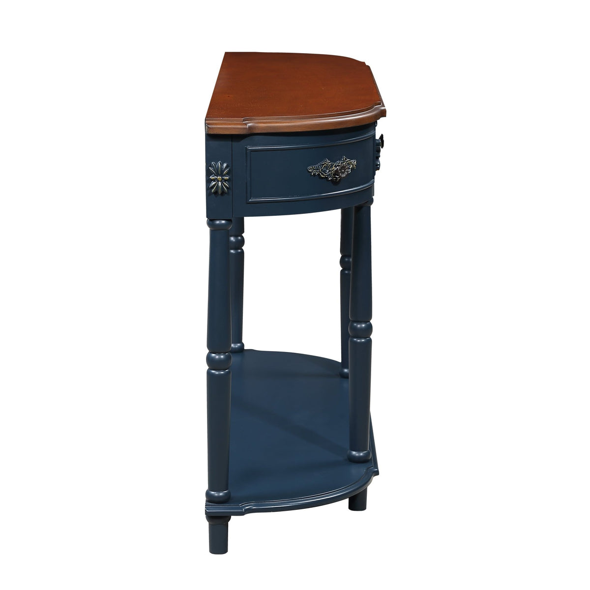 Retro Curved Wood Console Table, 52 inch Circular Half Moon Sofa Table with Open Shelf and 2 Drawers, Solid Wood Entry Table for Living Room, Hallway, Navy Blue + Brown Top - 1st Choice Furniture Direct