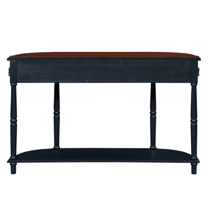 Retro Curved Wood Console Table, 52 inch Circular Half Moon Sofa Table with Open Shelf and 2 Drawers, Solid Wood Entry Table for Living Room, Hallway, Navy Blue + Brown Top - 1st Choice Furniture Direct