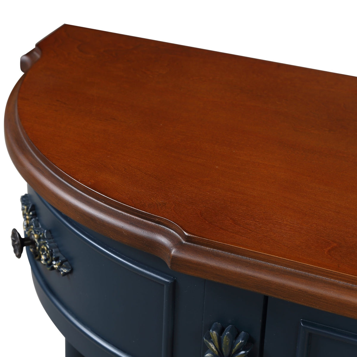 Retro Curved Wood Console Table, 52 inch Circular Half Moon Sofa Table with Open Shelf and 2 Drawers, Solid Wood Entry Table for Living Room, Hallway, Navy Blue + Brown Top - 1st Choice Furniture Direct