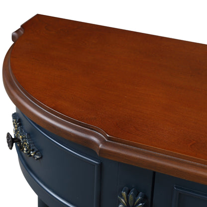 Retro Curved Wood Console Table, 52 inch Circular Half Moon Sofa Table with Open Shelf and 2 Drawers, Solid Wood Entry Table for Living Room, Hallway, Navy Blue + Brown Top - 1st Choice Furniture Direct