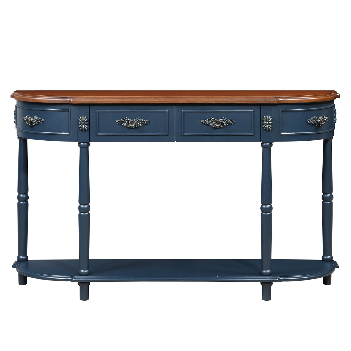 Retro Curved Wood Console Table, 52 inch Circular Half Moon Sofa Table with Open Shelf and 2 Drawers, Solid Wood Entry Table for Living Room, Hallway, Navy Blue + Brown Top - 1st Choice Furniture Direct
