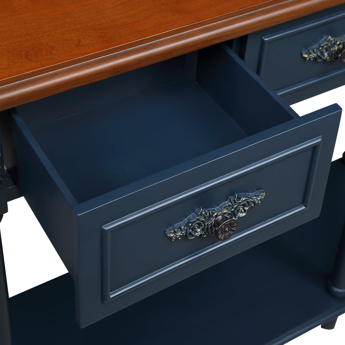 Retro Curved Wood Console Table, 52 inch Circular Half Moon Sofa Table with Open Shelf and 2 Drawers, Solid Wood Entry Table for Living Room, Hallway, Navy Blue + Brown Top - 1st Choice Furniture Direct