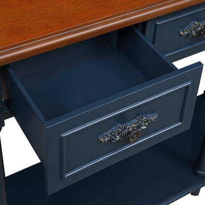 Retro Curved Wood Console Table, 52 inch Circular Half Moon Sofa Table with Open Shelf and 2 Drawers, Solid Wood Entry Table for Living Room, Hallway, Navy Blue + Brown Top - 1st Choice Furniture Direct