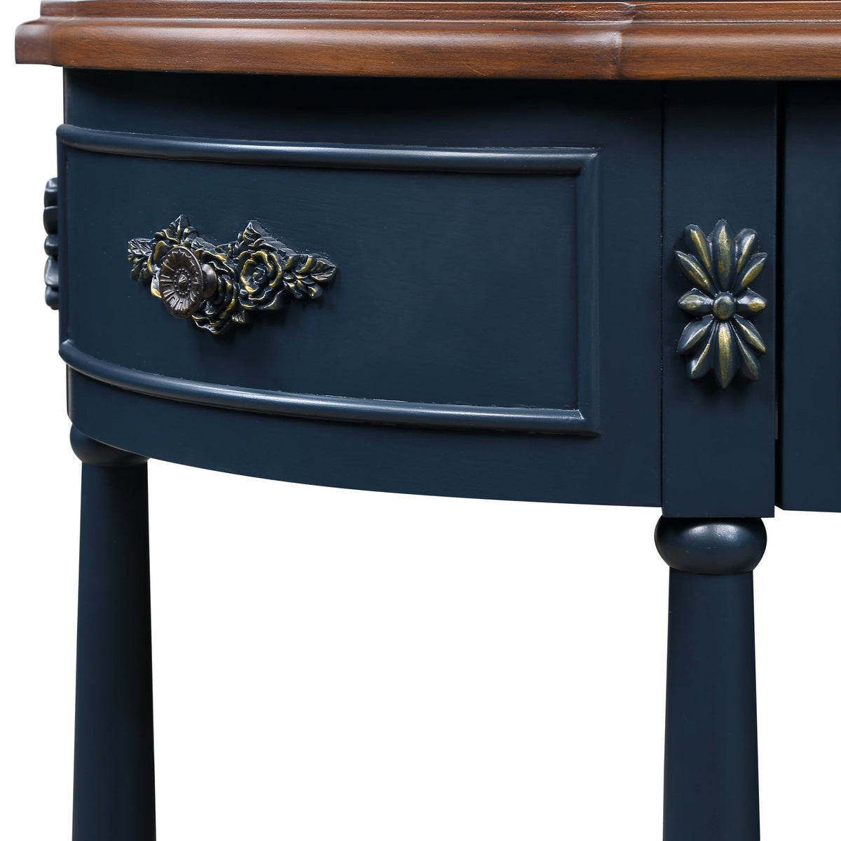 Retro Curved Wood Console Table, 52 inch Circular Half Moon Sofa Table with Open Shelf and 2 Drawers, Solid Wood Entry Table for Living Room, Hallway, Navy Blue + Brown Top - 1st Choice Furniture Direct