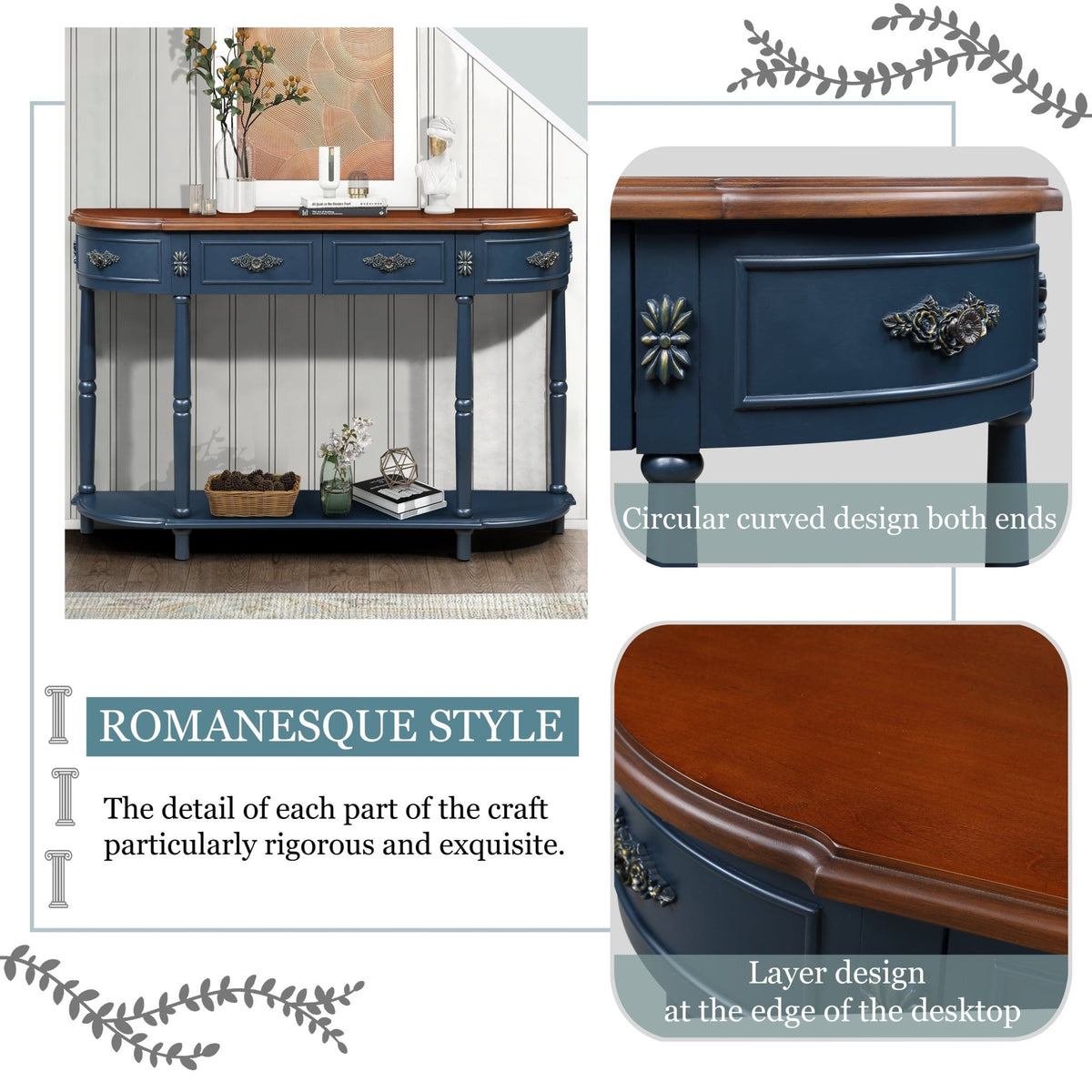 Retro Curved Wood Console Table, 52 inch Circular Half Moon Sofa Table with Open Shelf and 2 Drawers, Solid Wood Entry Table for Living Room, Hallway, Navy Blue + Brown Top - 1st Choice Furniture Direct