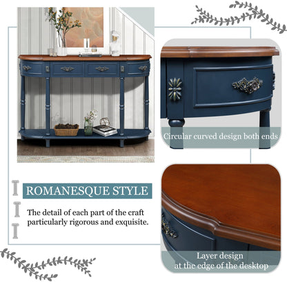 Retro Curved Wood Console Table, 52 inch Circular Half Moon Sofa Table with Open Shelf and 2 Drawers, Solid Wood Entry Table for Living Room, Hallway, Navy Blue + Brown Top - 1st Choice Furniture Direct