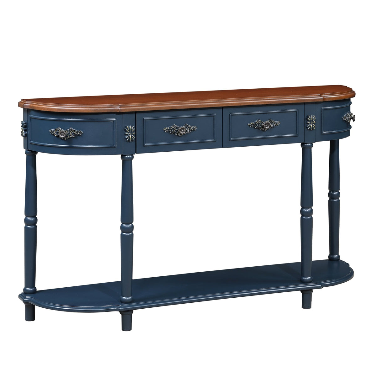 Retro Curved Wood Console Table, 52 inch Circular Half Moon Sofa Table with Open Shelf and 2 Drawers, Solid Wood Entry Table for Living Room, Hallway, Navy Blue + Brown Top - 1st Choice Furniture Direct
