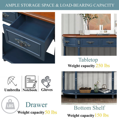 Retro Curved Wood Console Table, 52 inch Circular Half Moon Sofa Table with Open Shelf and 2 Drawers, Solid Wood Entry Table for Living Room, Hallway, Navy Blue + Brown Top - 1st Choice Furniture Direct