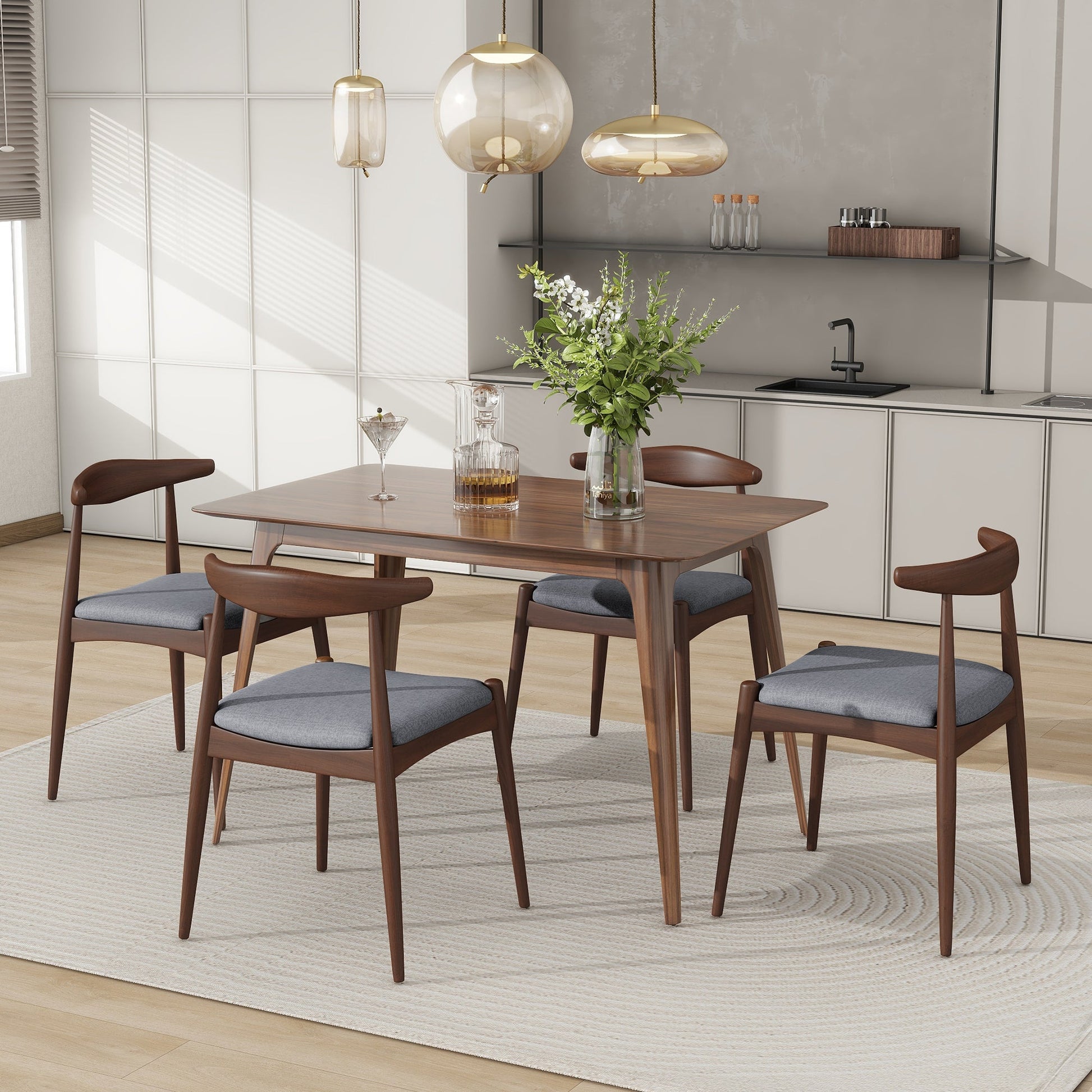 Retro - Elegant 5 - Piece Dining Set with Rubberwood Frame, Faux Wood Tabletop in Walnut and Light Gray, 1 Table 4 Chairs - 1st Choice Furniture Direct
