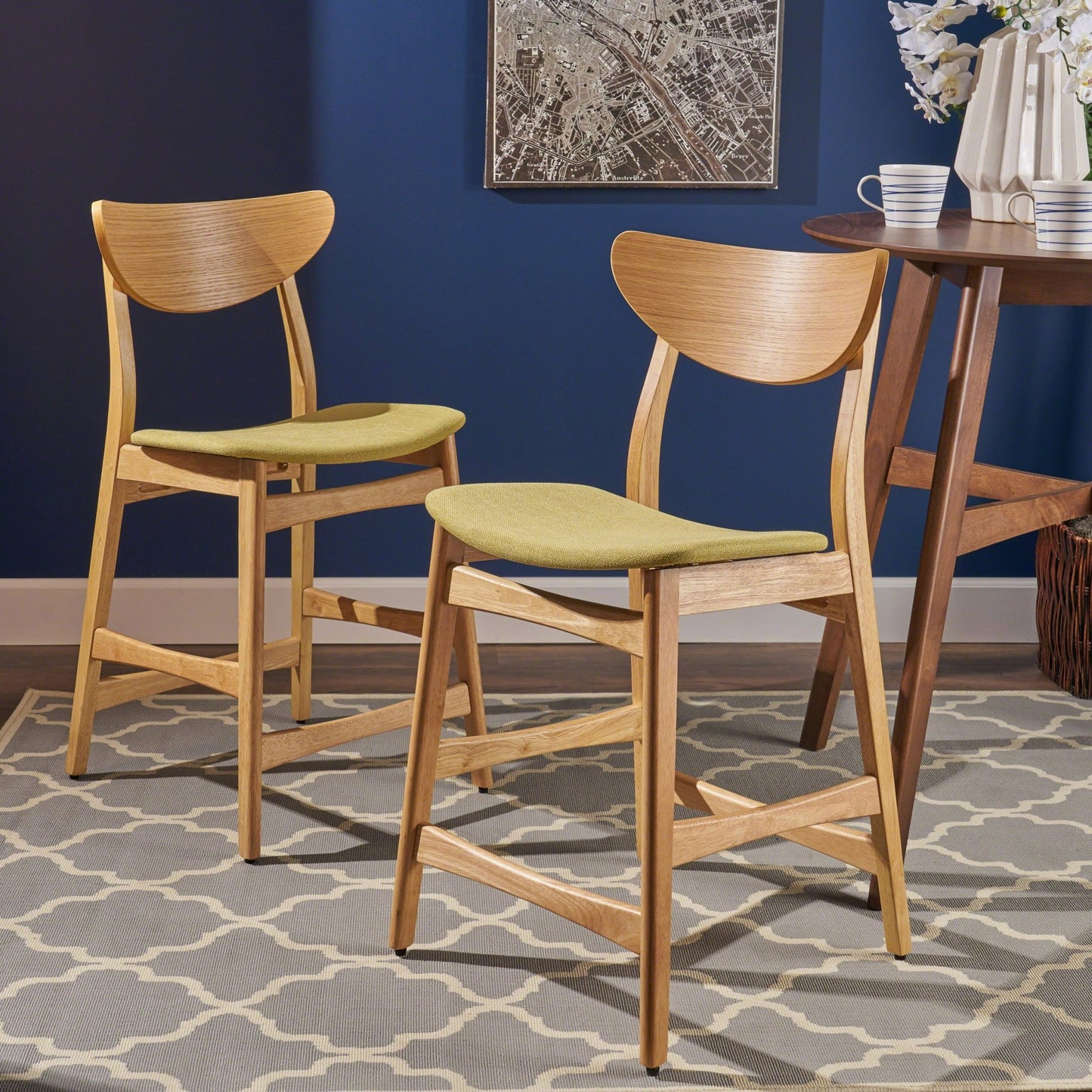 Retro - Modern Counter Height Chair Set with Cushioned Seats, Green Fabric, Rubberwood Frame, 36 Inch - 1st Choice Furniture Direct