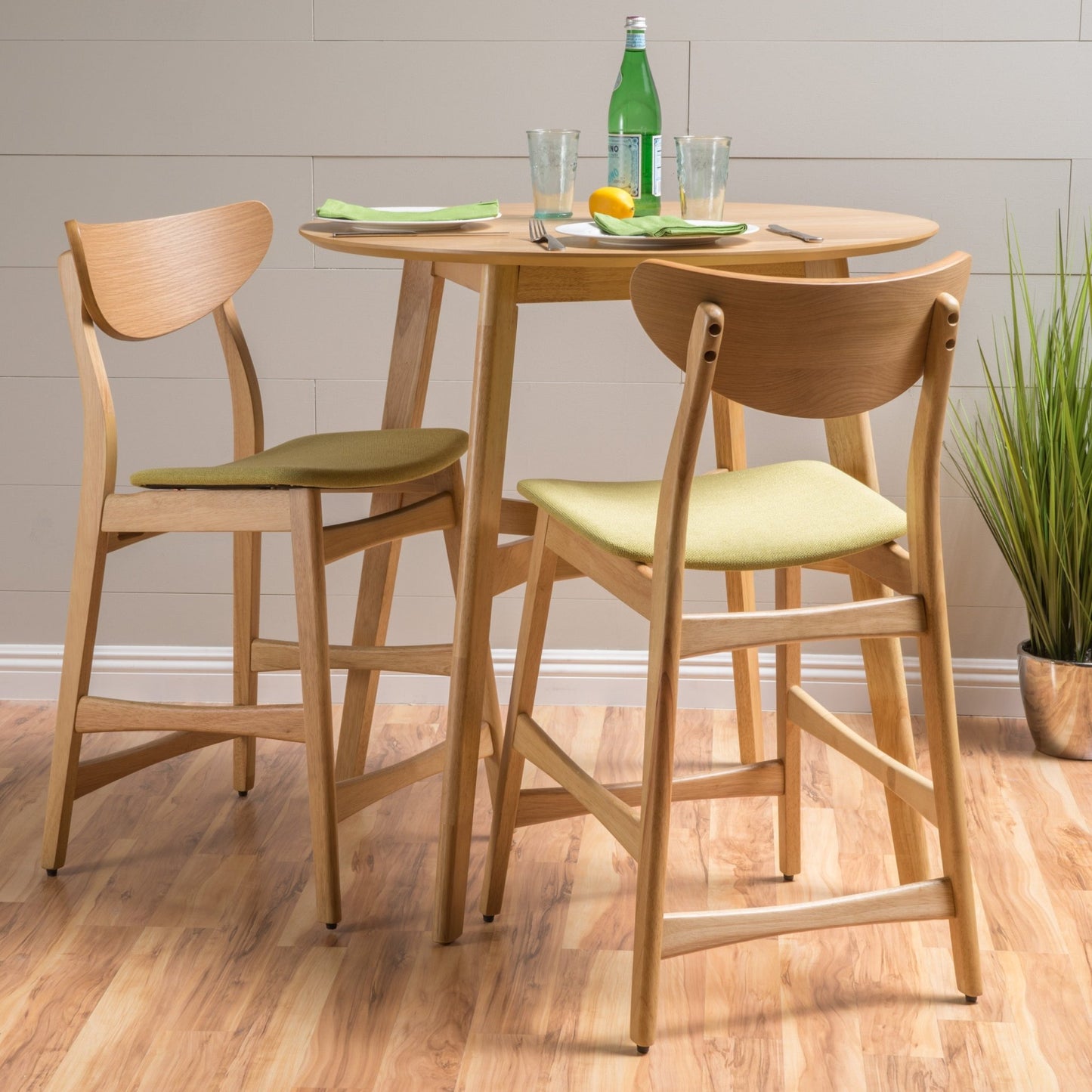 Retro - Modern Counter Height Chair Set with Cushioned Seats, Green Fabric, Rubberwood Frame, 36 Inch - 1st Choice Furniture Direct