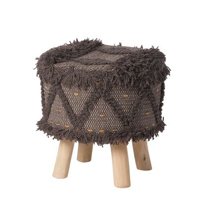 ROJA Handcrafted Wool & Cotton Foot Stool with Eucalyptus Wood Frame in Dark Brown, 16 x 16 Inches - 1st Choice Furniture Direct