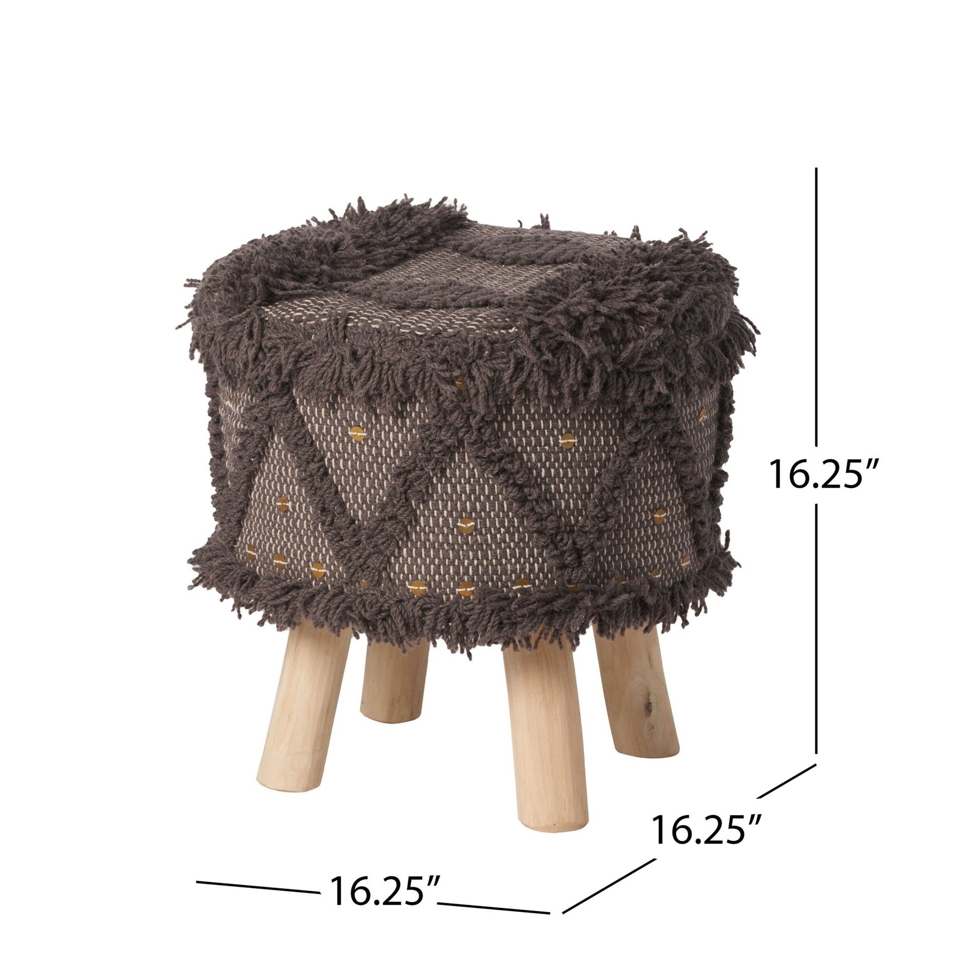 ROJA Handcrafted Wool & Cotton Foot Stool with Eucalyptus Wood Frame in Dark Brown, 16 x 16 Inches - 1st Choice Furniture Direct