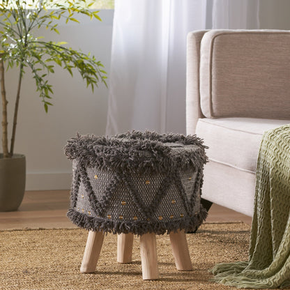 ROJA Handcrafted Wool & Cotton Foot Stool with Eucalyptus Wood Frame in Dark Brown, 16 x 16 Inches - 1st Choice Furniture Direct