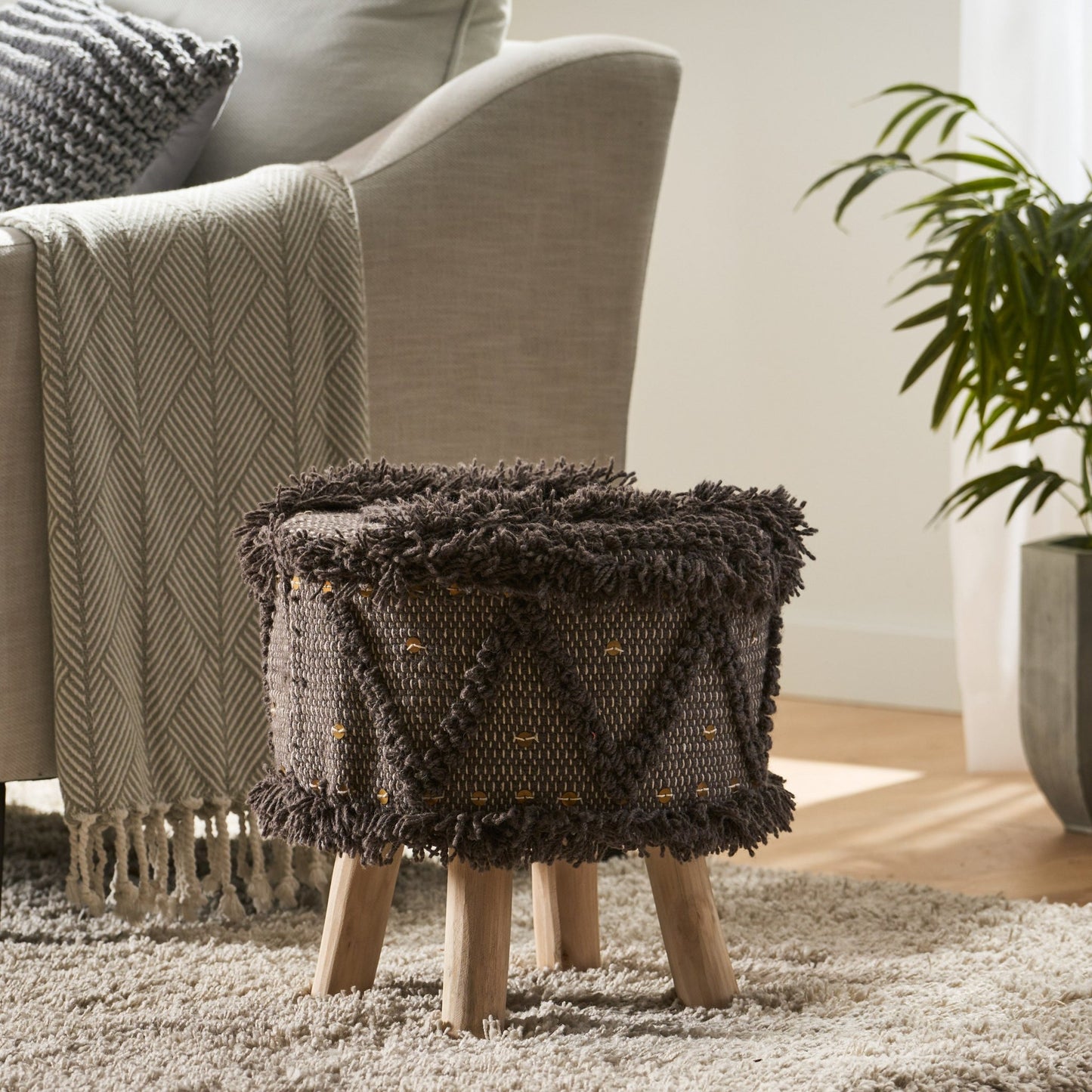 ROJA Handcrafted Wool & Cotton Foot Stool with Eucalyptus Wood Frame in Dark Brown, 16 x 16 Inches - 1st Choice Furniture Direct