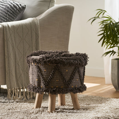 ROJA Handcrafted Wool & Cotton Foot Stool with Eucalyptus Wood Frame in Dark Brown, 16 x 16 Inches - 1st Choice Furniture Direct