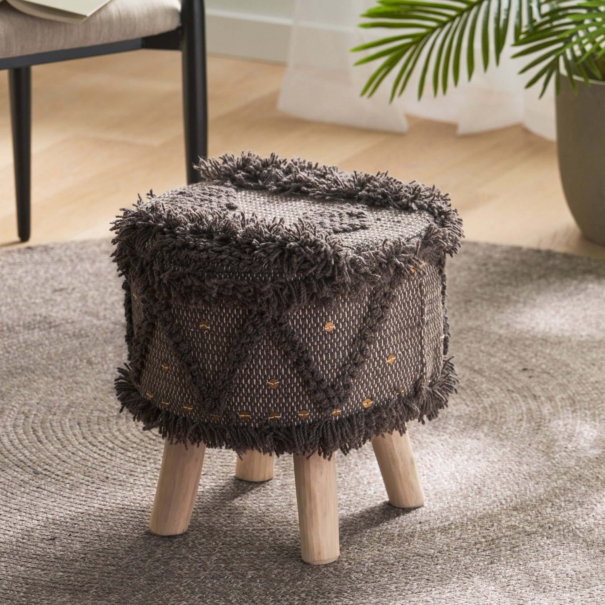 ROJA Handcrafted Wool & Cotton Foot Stool with Eucalyptus Wood Frame in Dark Brown, 16 x 16 Inches - 1st Choice Furniture Direct
