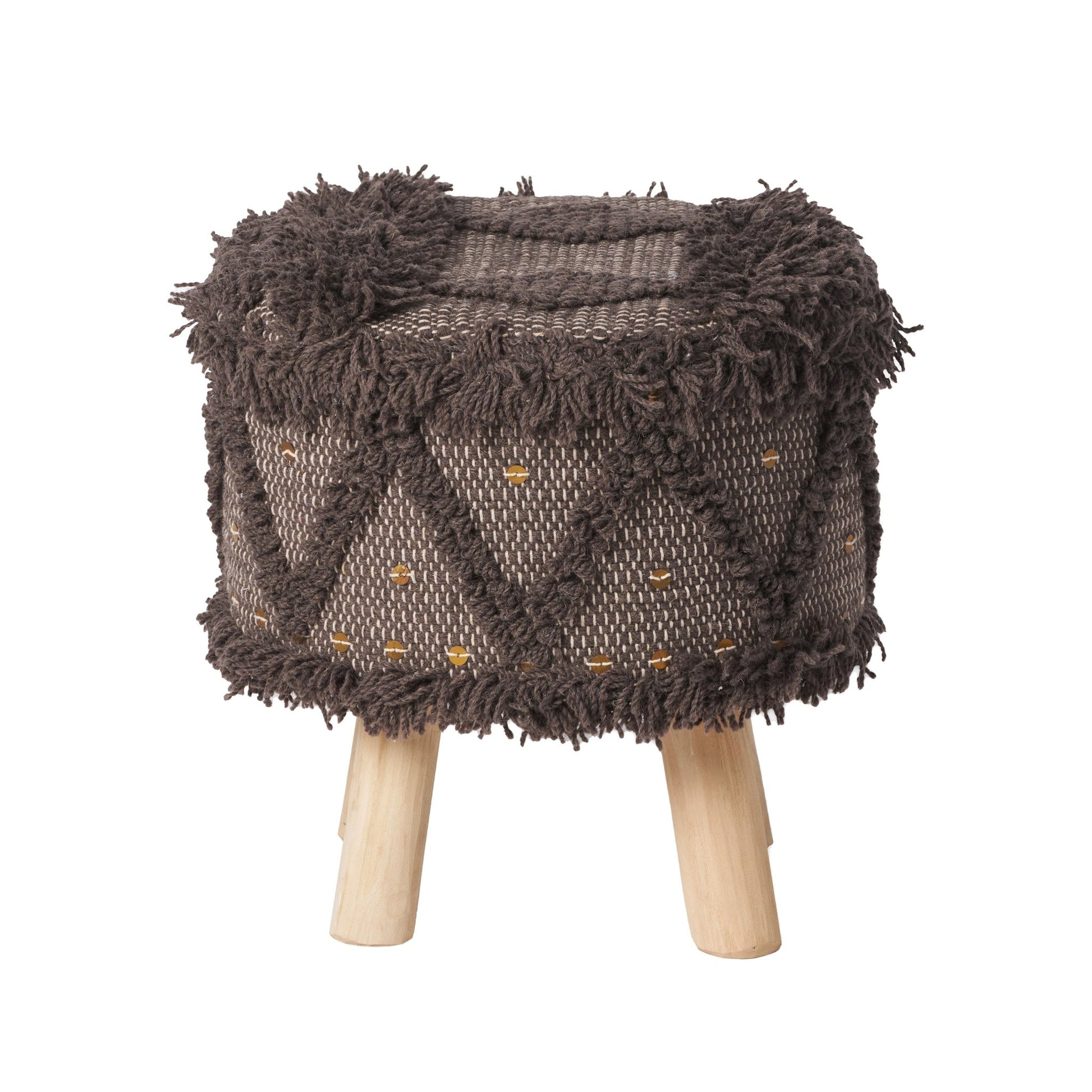 ROJA Handcrafted Wool & Cotton Foot Stool with Eucalyptus Wood Frame in Dark Brown, 16 x 16 Inches - 1st Choice Furniture Direct