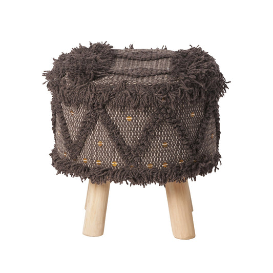 ROJA Handcrafted Wool & Cotton Foot Stool with Eucalyptus Wood Frame in Dark Brown, 16 x 16 Inches - 1st Choice Furniture Direct