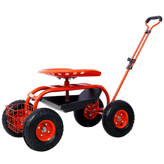 Rolling Garden Scooter Garden Cart Seat with Wheels and Tool Tray, 360 Swivel Seat,Red - 1st Choice Furniture Direct