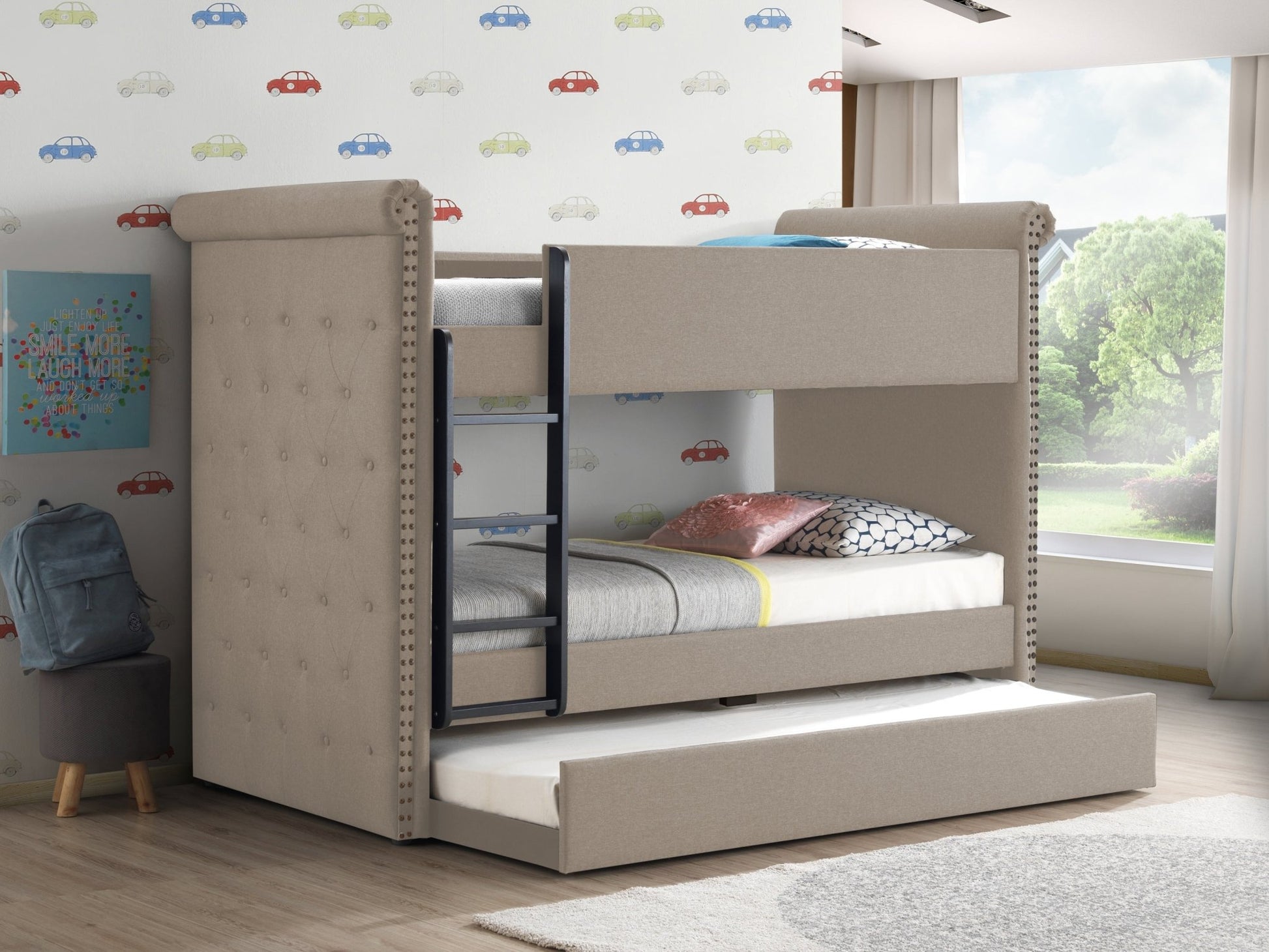 Romana II Beige Fabric Finish Twin/Twin Bunk Bed W/Trundle - 1st Choice Furniture Direct