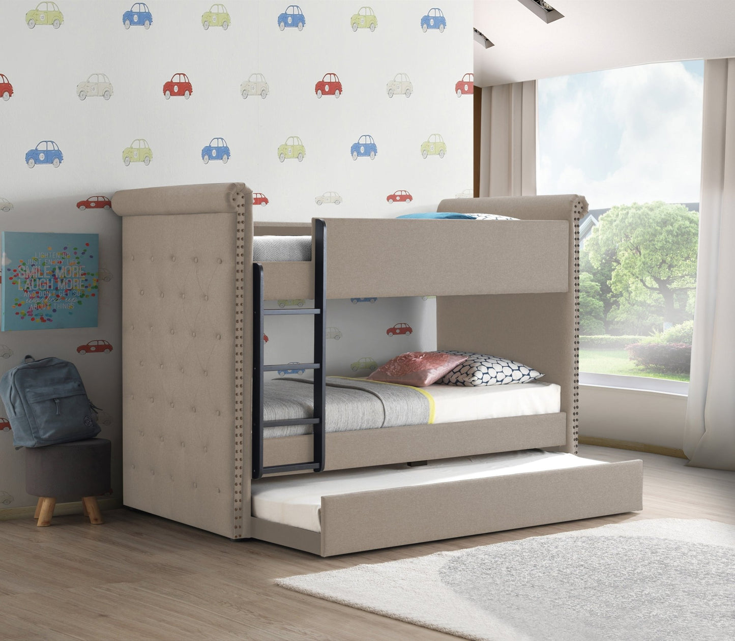 Romana II Beige Fabric Finish Twin/Twin Bunk Bed W/Trundle - 1st Choice Furniture Direct