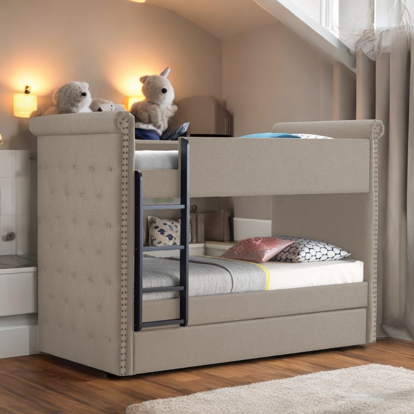 Romana II Beige Fabric Finish Twin/Twin Bunk Bed W/Trundle - 1st Choice Furniture Direct