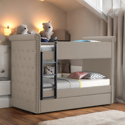 Romana II Beige Fabric Finish Twin/Twin Bunk Bed W/Trundle - 1st Choice Furniture Direct