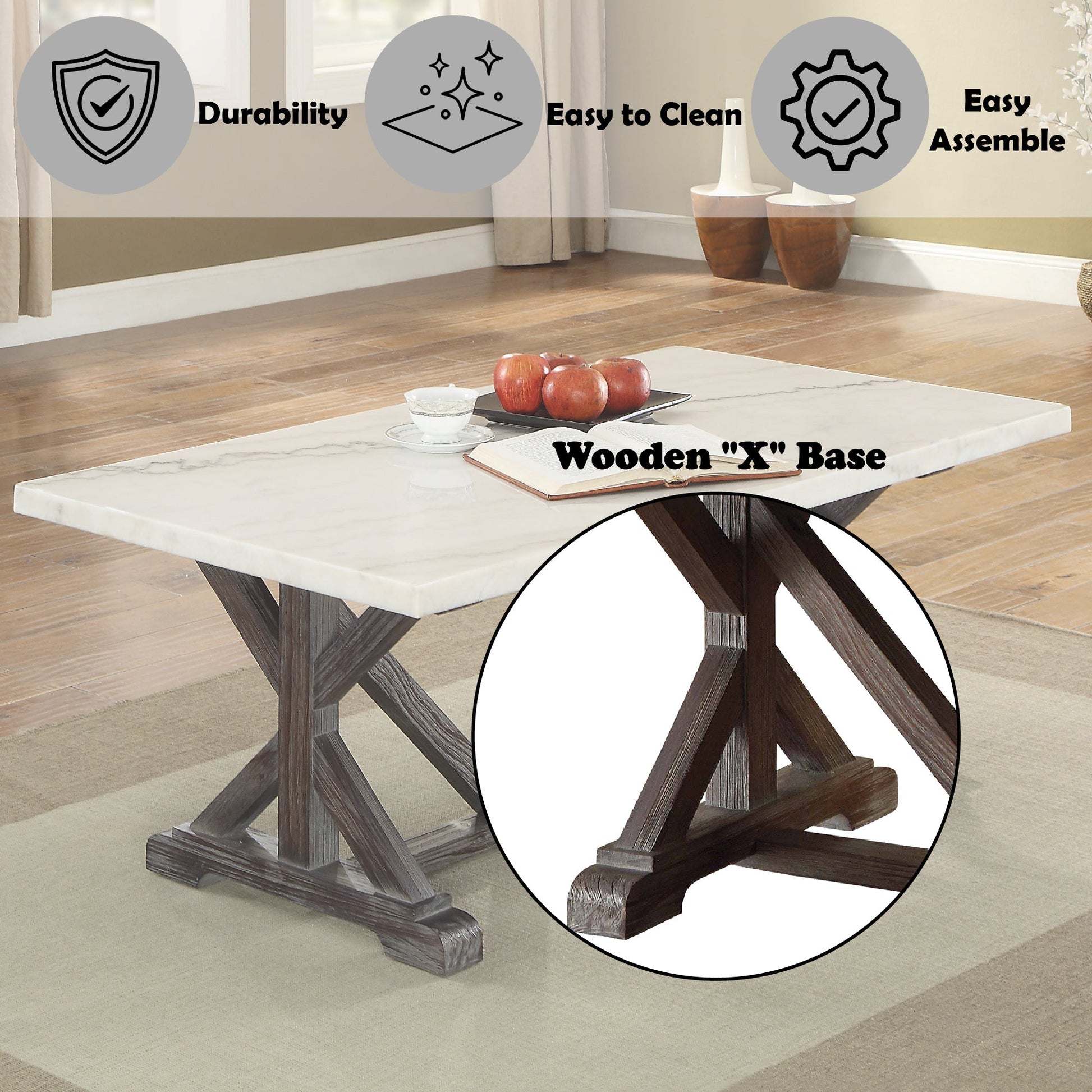 Romina White Marble Top & Weathered Espresso Finish Coffee Table - 1st Choice Furniture Direct