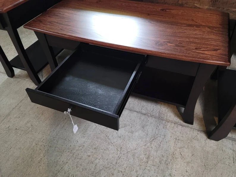 Roseberry Coffee Table with Drawer and Shelf, Elm Top with Maple Base, Hand Built in the USA - 1st Choice Furniture Direct