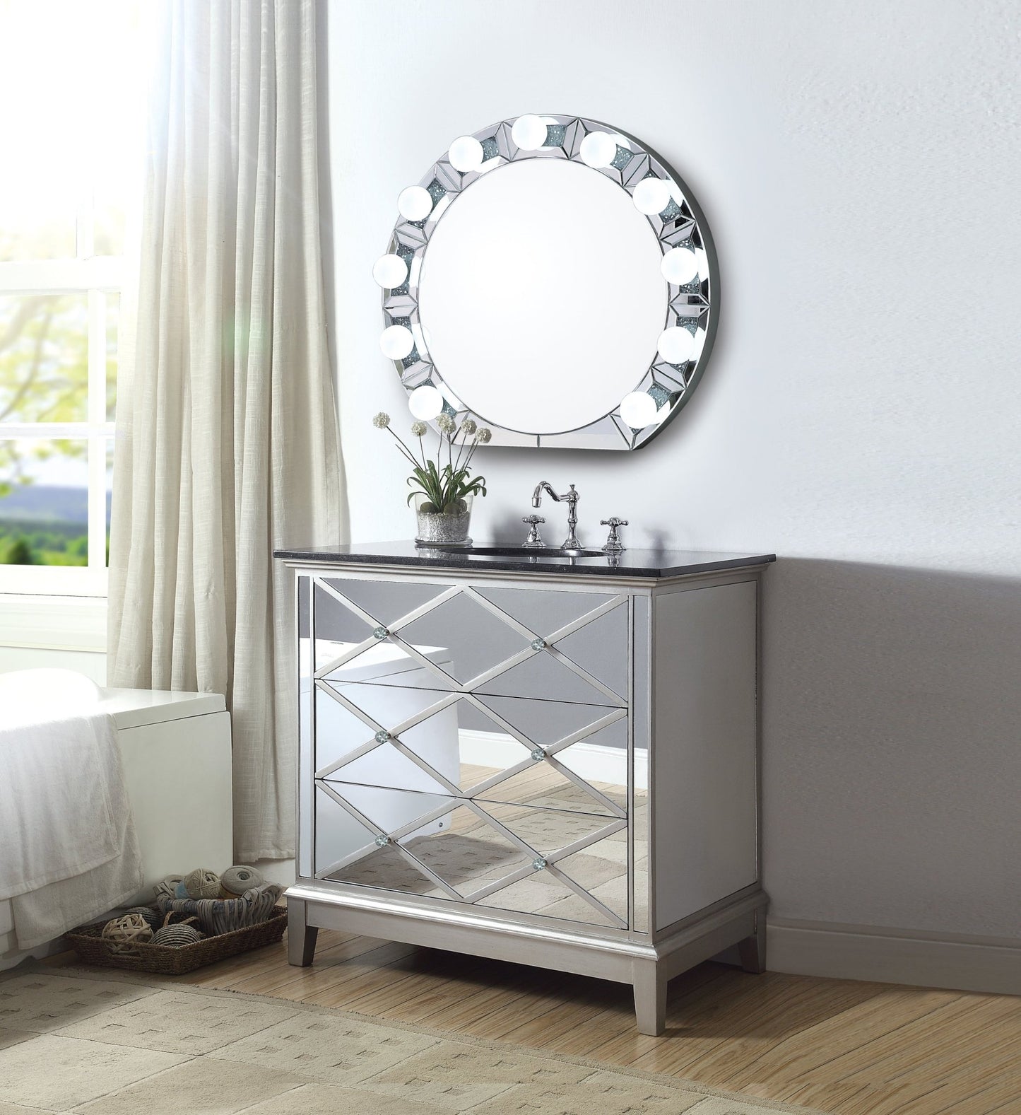 Round Silver LED Wall Mirror with Beveled Frame - 1st Choice Furniture Direct