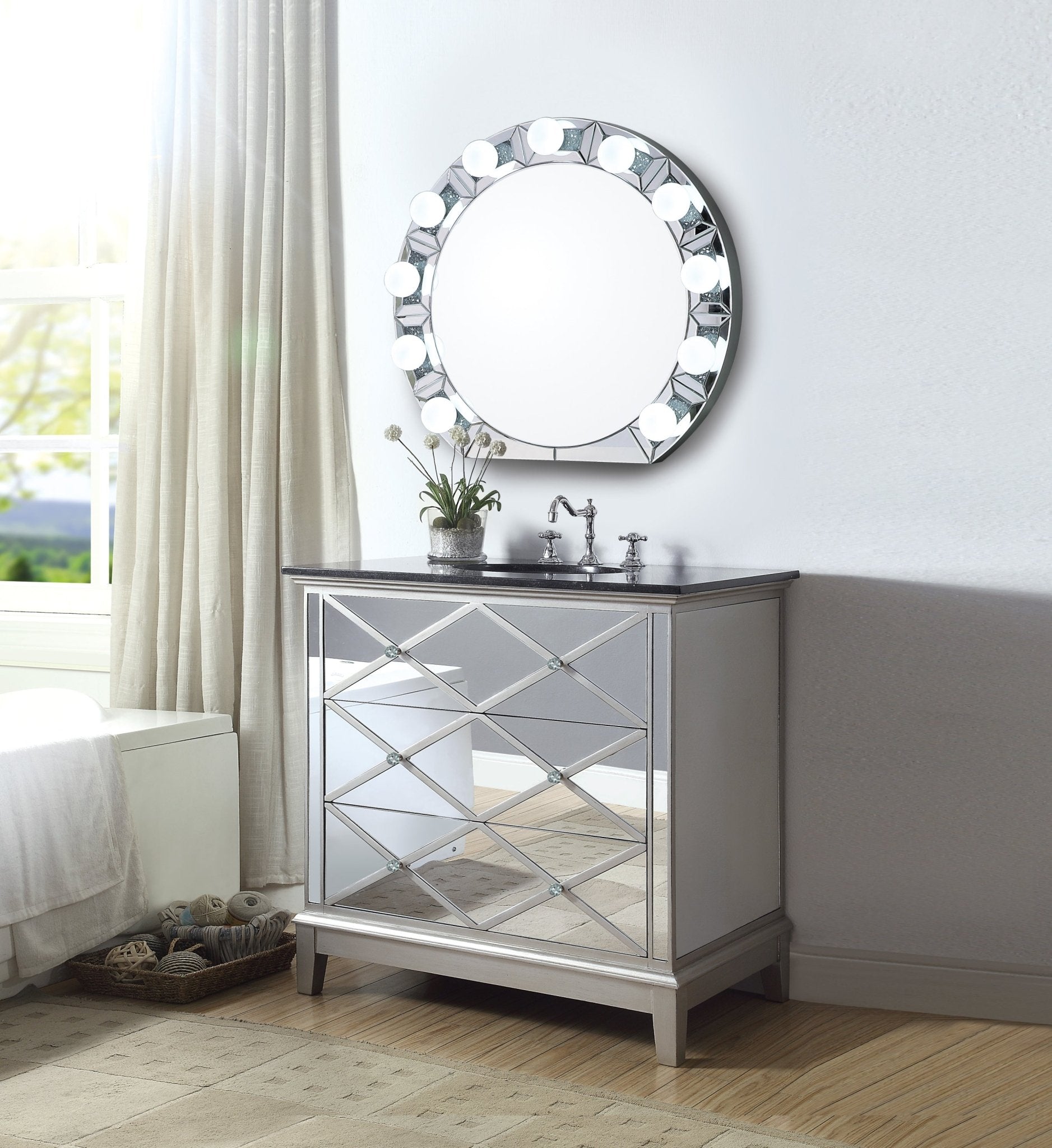 Round Silver LED Wall Mirror with Beveled Frame - 1st Choice Furniture Direct